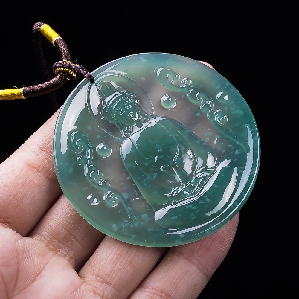 Natural Type A Untreated 62mm Blue Watery Guatemalan Jadeite Round Pendant With Tathagata Buddha Carved,Amulet Pendant,DIY Jewelry Supplies