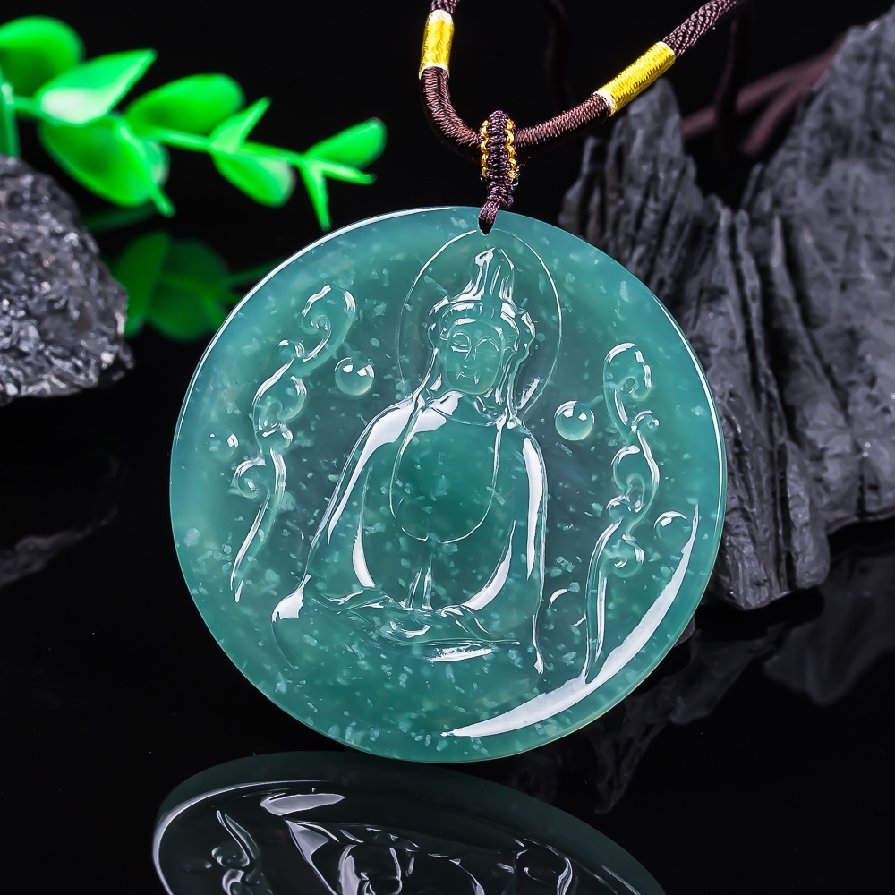 Natural Type A Untreated 62mm Blue Watery Guatemalan Jadeite Round Pendant With Tathagata Buddha Carved,Amulet Pendant,DIY Jewelry Supplies
