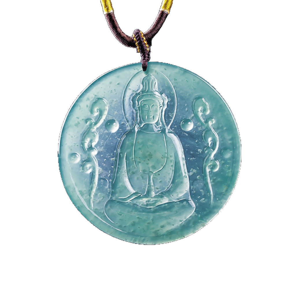 Natural Type A Untreated 62mm Blue Watery Guatemalan Jadeite Round Pendant With Tathagata Buddha Carved,Amulet Pendant,DIY Jewelry Supplies