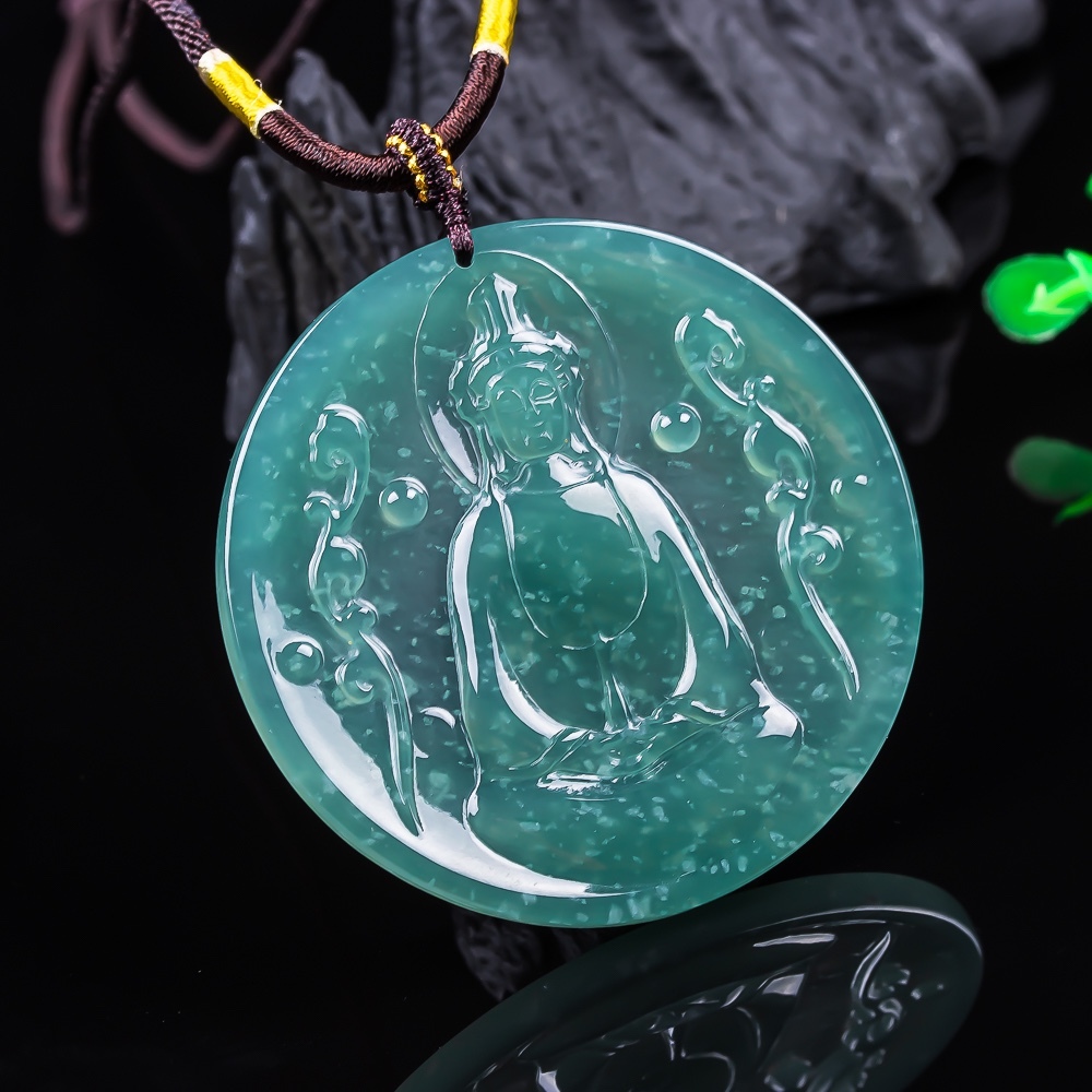 Natural Type A Untreated 62mm Blue Watery Guatemalan Jadeite Round Pendant With Tathagata Buddha Carved,Amulet Pendant,DIY Jewelry Supplies