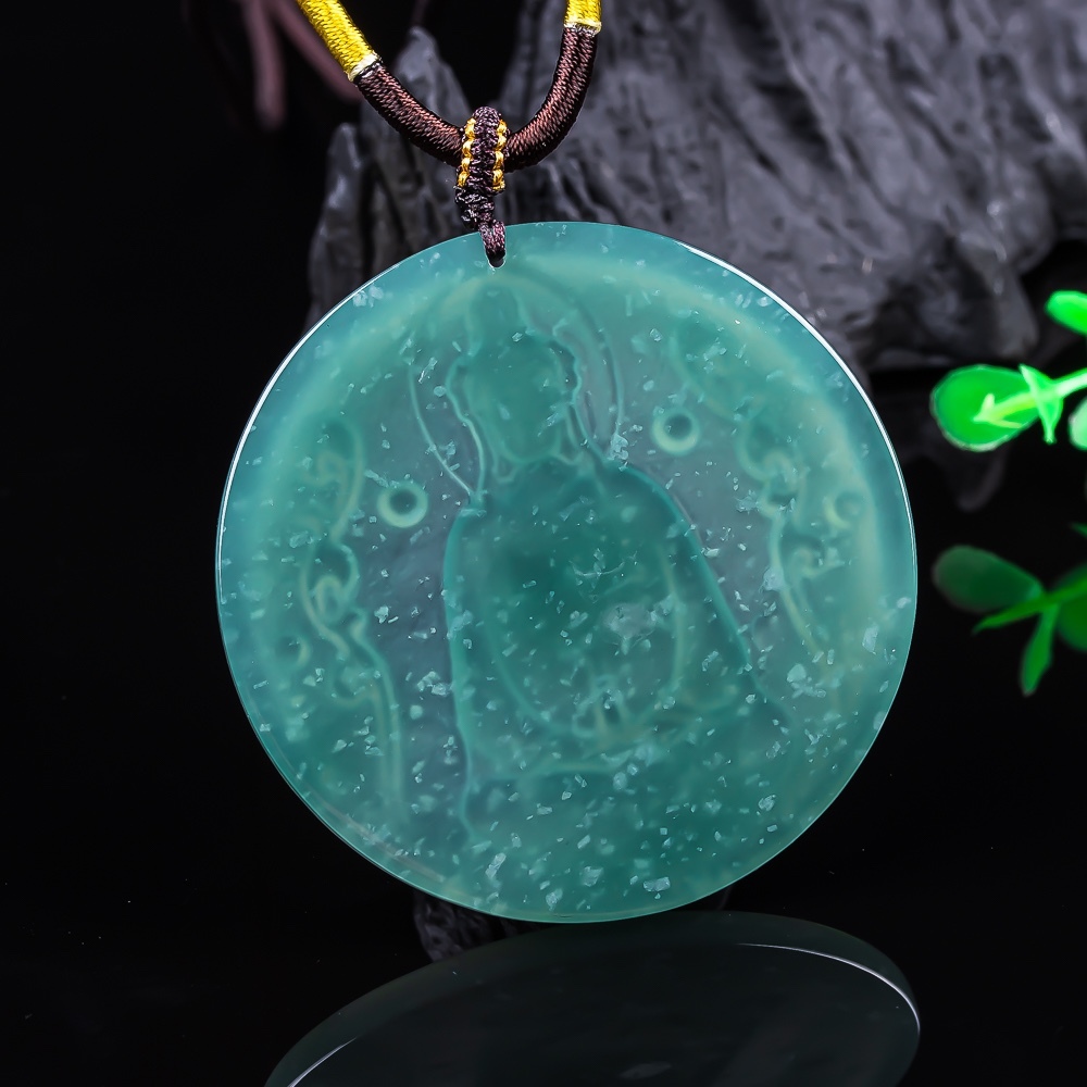 Natural Type A Untreated 62mm Blue Watery Guatemalan Jadeite Round Pendant With Tathagata Buddha Carved,Amulet Pendant,DIY Jewelry Supplies
