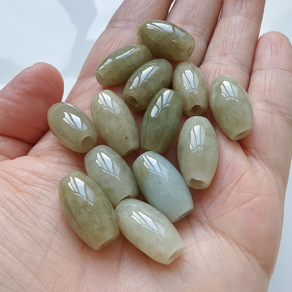 13pcs 10X17mm Natural Type A Yellow Waxy Burmese Jadeite Oval Barrel Beads,Burma Jadeite Loose Beads,DIY Jewelry Supplies