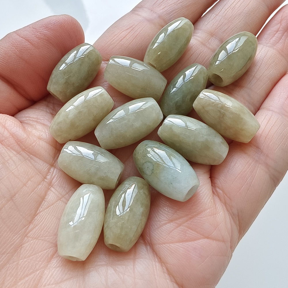 13pcs 10X17mm Natural Type A Yellow Waxy Burmese Jadeite Oval Barrel Beads,Burma Jadeite Loose Beads,DIY Jewelry Supplies