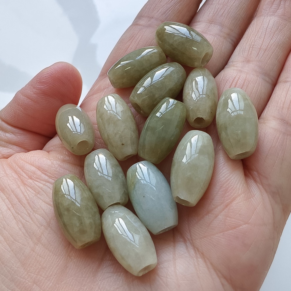 13pcs 10X17mm Natural Type A Yellow Waxy Burmese Jadeite Oval Barrel Beads,Burma Jadeite Loose Beads,DIY Jewelry Supplies