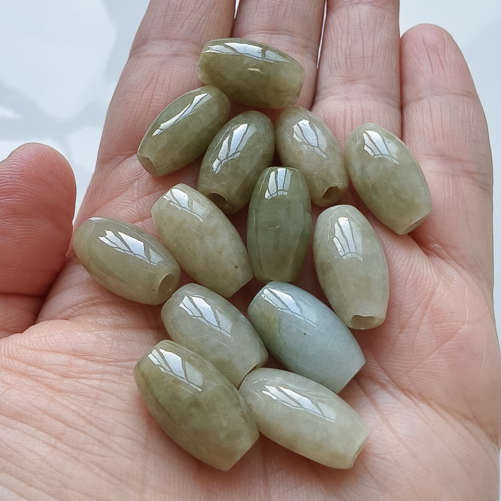 13pcs 10X17mm Natural Type A Yellow Waxy Burmese Jadeite Oval Barrel Beads,Burma Jadeite Loose Beads,DIY Jewelry Supplies