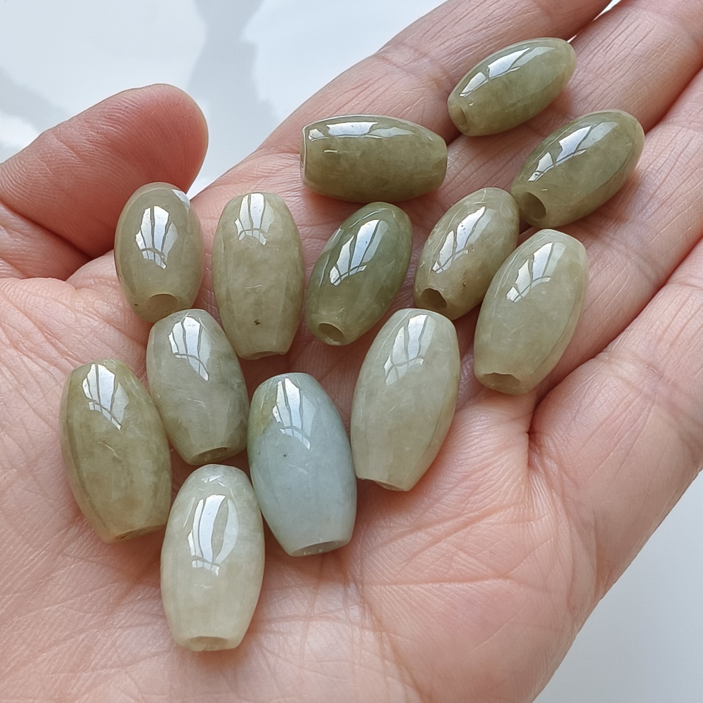 13pcs 10X17mm Natural Type A Yellow Waxy Burmese Jadeite Oval Barrel Beads,Burma Jadeite Loose Beads,DIY Jewelry Supplies