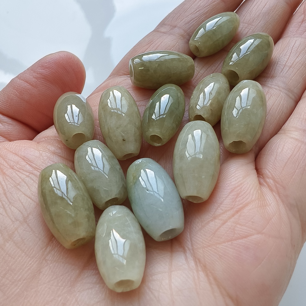 13pcs 10X17mm Natural Type A Yellow Waxy Burmese Jadeite Oval Barrel Beads,Burma Jadeite Loose Beads,DIY Jewelry Supplies