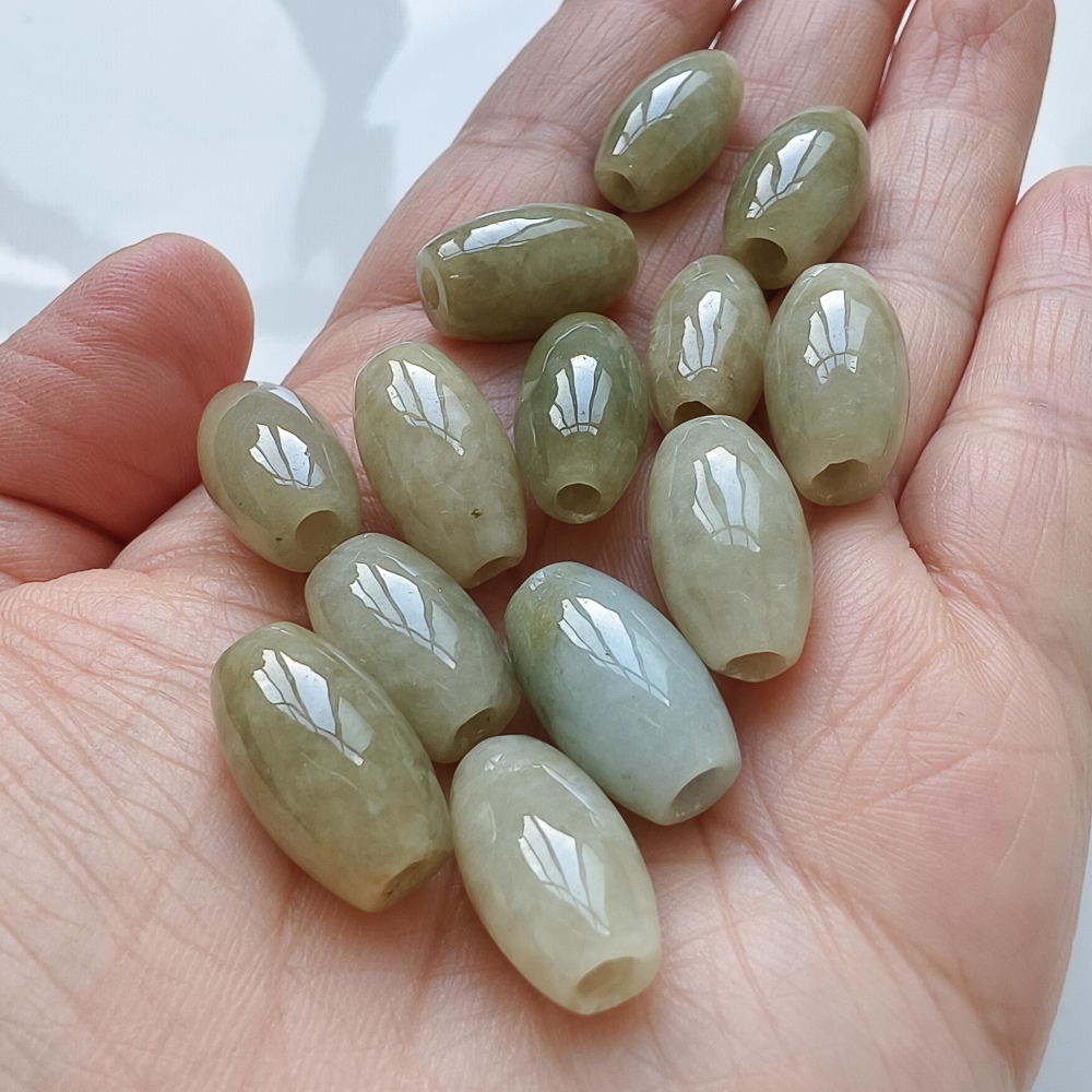 13pcs 10X17mm Natural Type A Yellow Waxy Burmese Jadeite Oval Barrel Beads,Burma Jadeite Loose Beads,DIY Jewelry Supplies