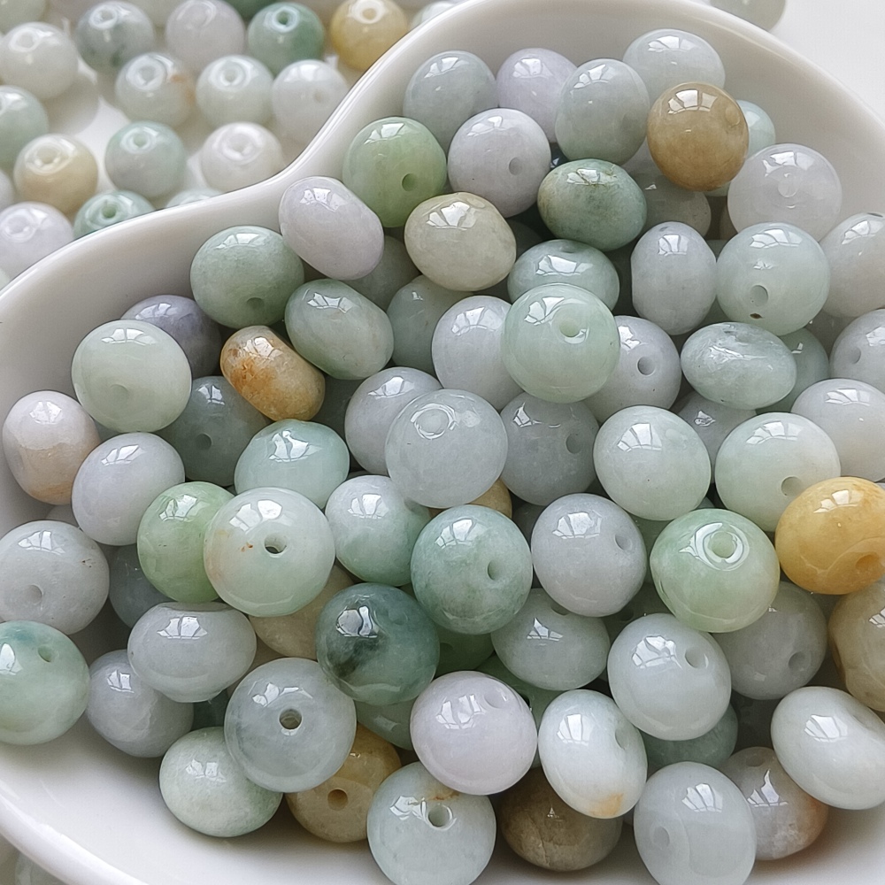 30pcs 8X5mm Natural Type A White Green Yellow Burmese Jadeite Smooth Rondelle Spacer Beads,Burma Jadeite Loose Beads, DIY Jewelry Supplies