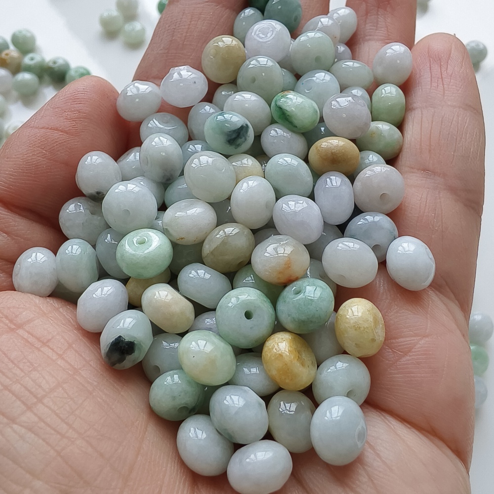30pcs 8X5mm Natural Type A White Green Yellow Burmese Jadeite Smooth Rondelle Spacer Beads,Burma Jadeite Loose Beads, DIY Jewelry Supplies