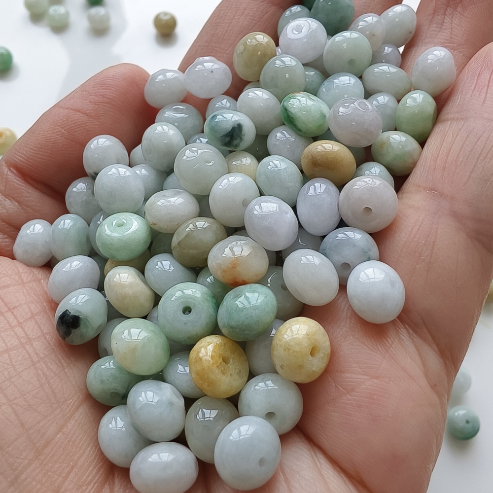 30pcs 8X5mm Natural Type A White Green Yellow Burmese Jadeite Smooth Rondelle Spacer Beads,Burma Jadeite Loose Beads, DIY Jewelry Supplies