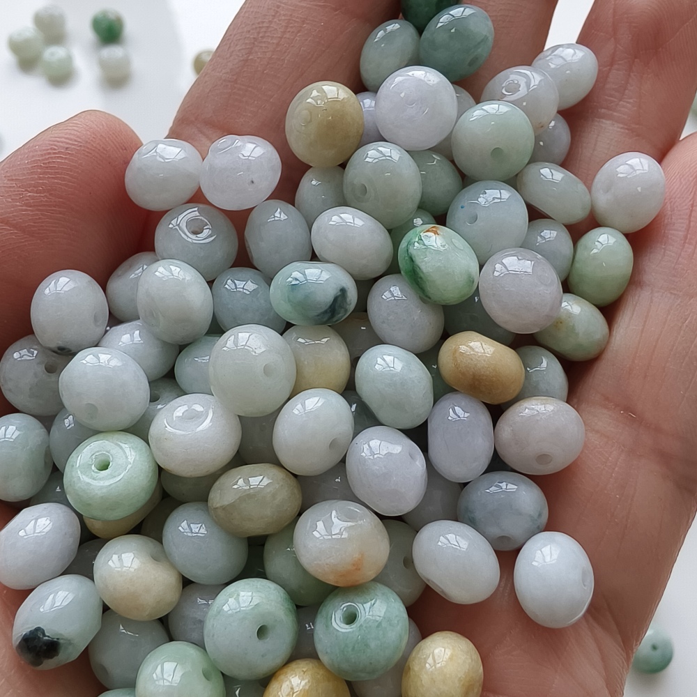 30pcs 8X5mm Natural Type A White Green Yellow Burmese Jadeite Smooth Rondelle Spacer Beads,Burma Jadeite Loose Beads, DIY Jewelry Supplies