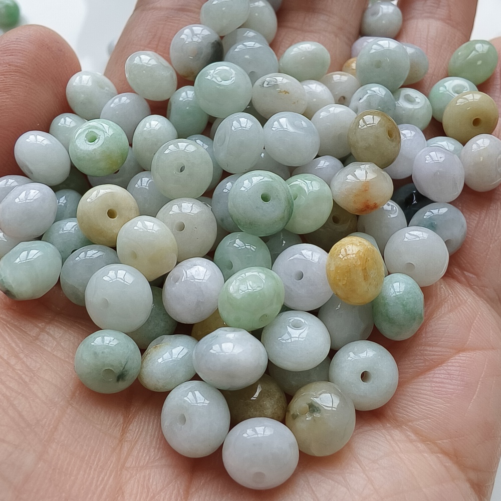 30pcs 8X5mm Natural Type A White Green Yellow Burmese Jadeite Smooth Rondelle Spacer Beads,Burma Jadeite Loose Beads, DIY Jewelry Supplies