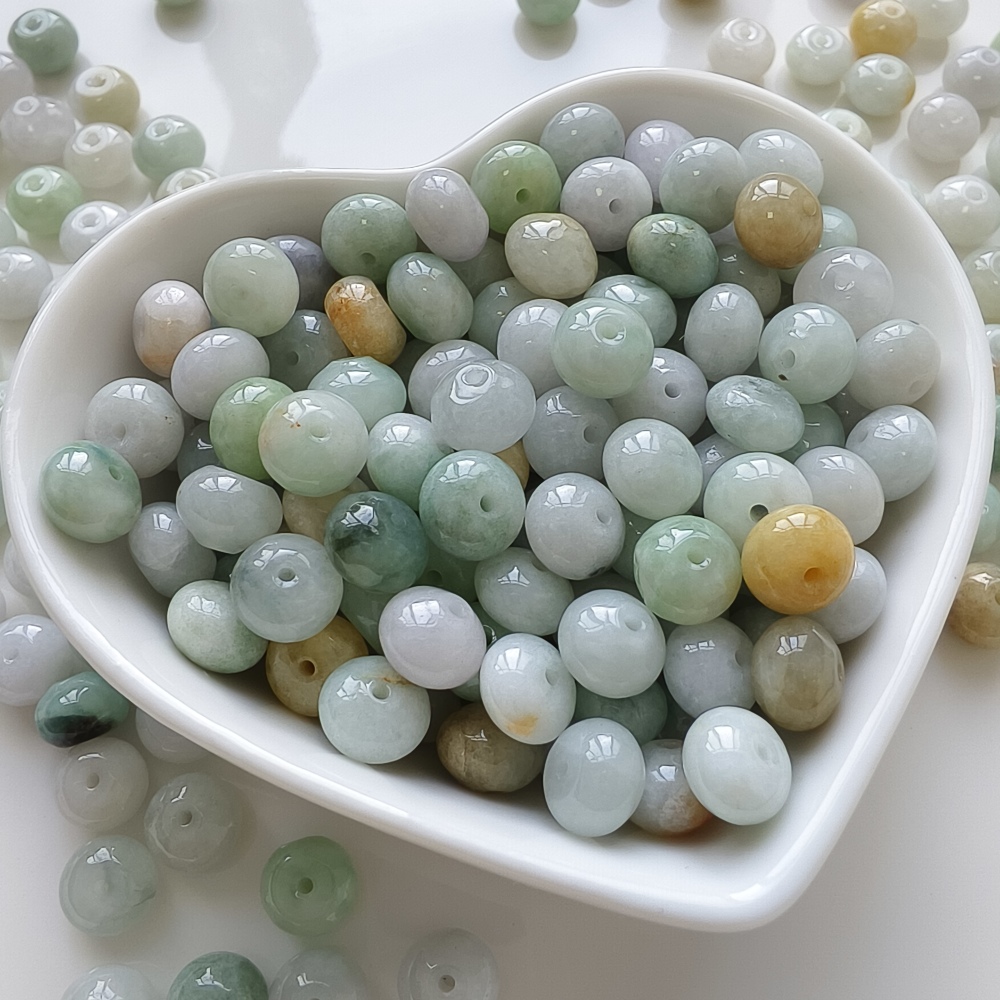 30pcs 8X5mm Natural Type A White Green Yellow Burmese Jadeite Smooth Rondelle Spacer Beads,Burma Jadeite Loose Beads, DIY Jewelry Supplies