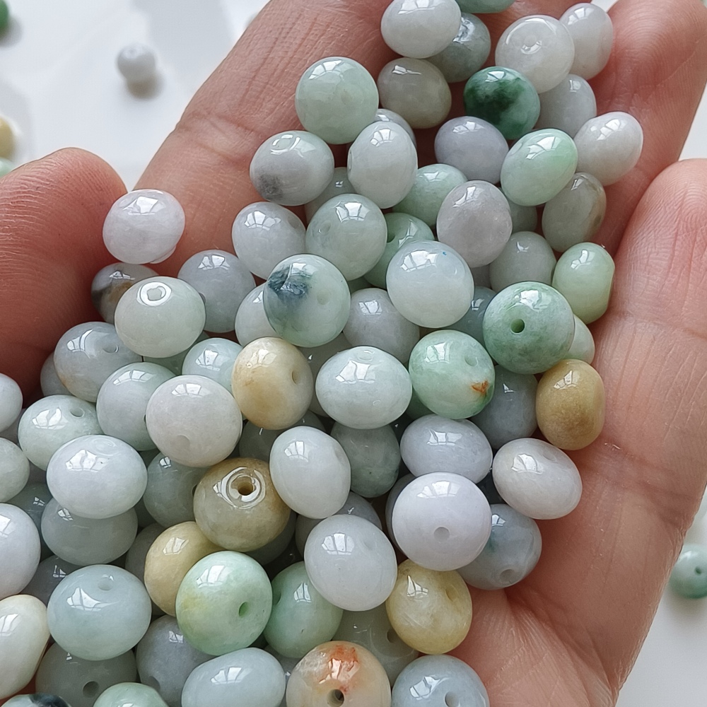 30pcs 8X5mm Natural Type A White Green Yellow Burmese Jadeite Smooth Rondelle Spacer Beads,Burma Jadeite Loose Beads, DIY Jewelry Supplies