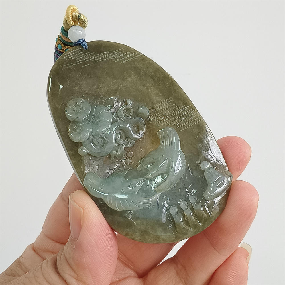 Unique Certificated Natural Type A Untreated 73X45mm Green White Jadeite Oval Pendant With Bird Auspicious Clouds 悟道 Carved,DIY Jewelry Supplies