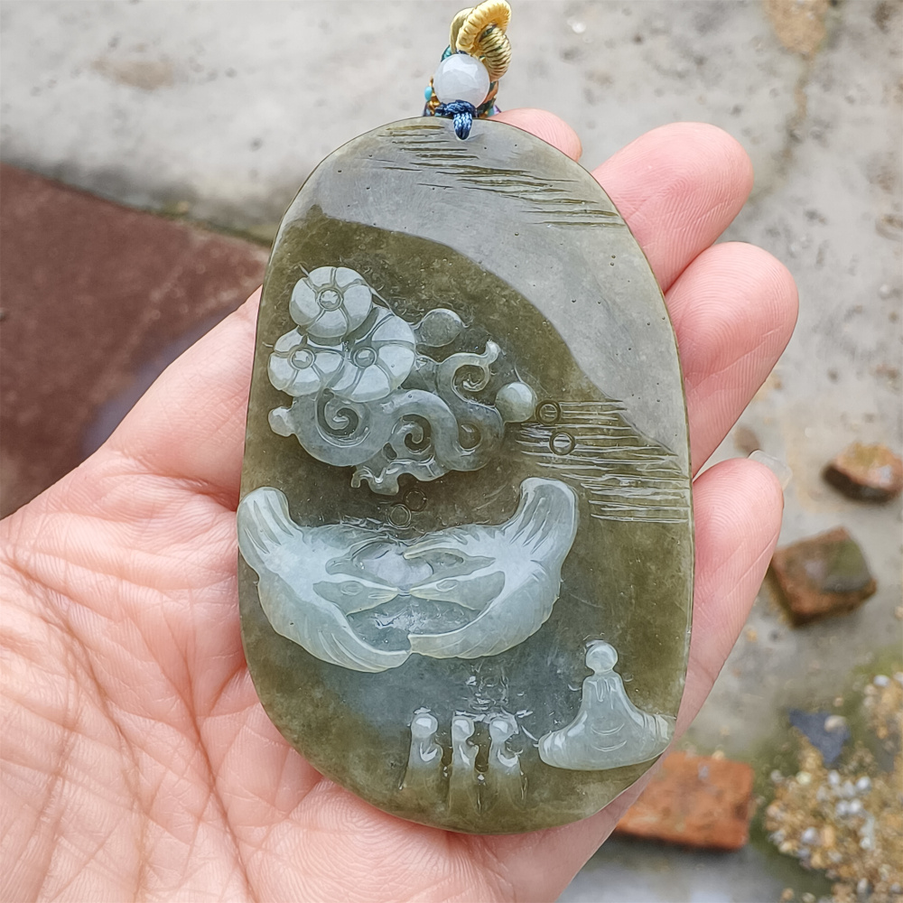 Unique Certificated Natural Type A Untreated 73X45mm Green White Jadeite Oval Pendant With Bird Auspicious Clouds 悟道 Carved,DIY Jewelry Supplies