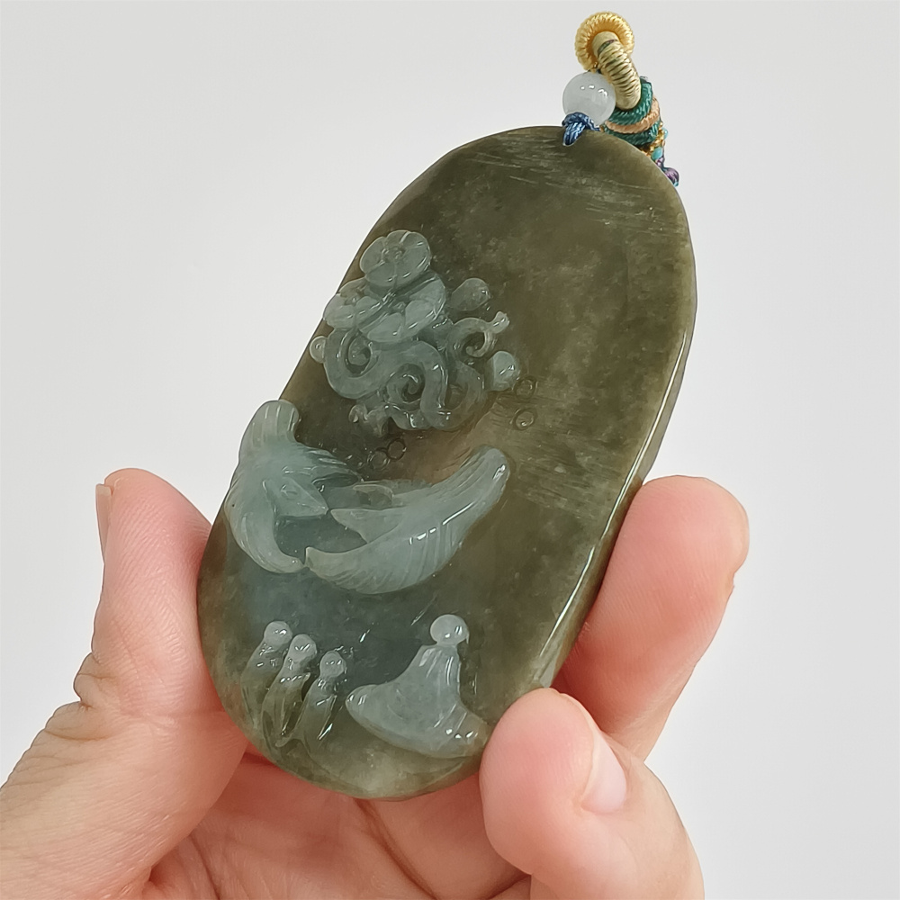Unique Certificated Natural Type A Untreated 73X45mm Green White Jadeite Oval Pendant With Bird Auspicious Clouds 悟道 Carved,DIY Jewelry Supplies