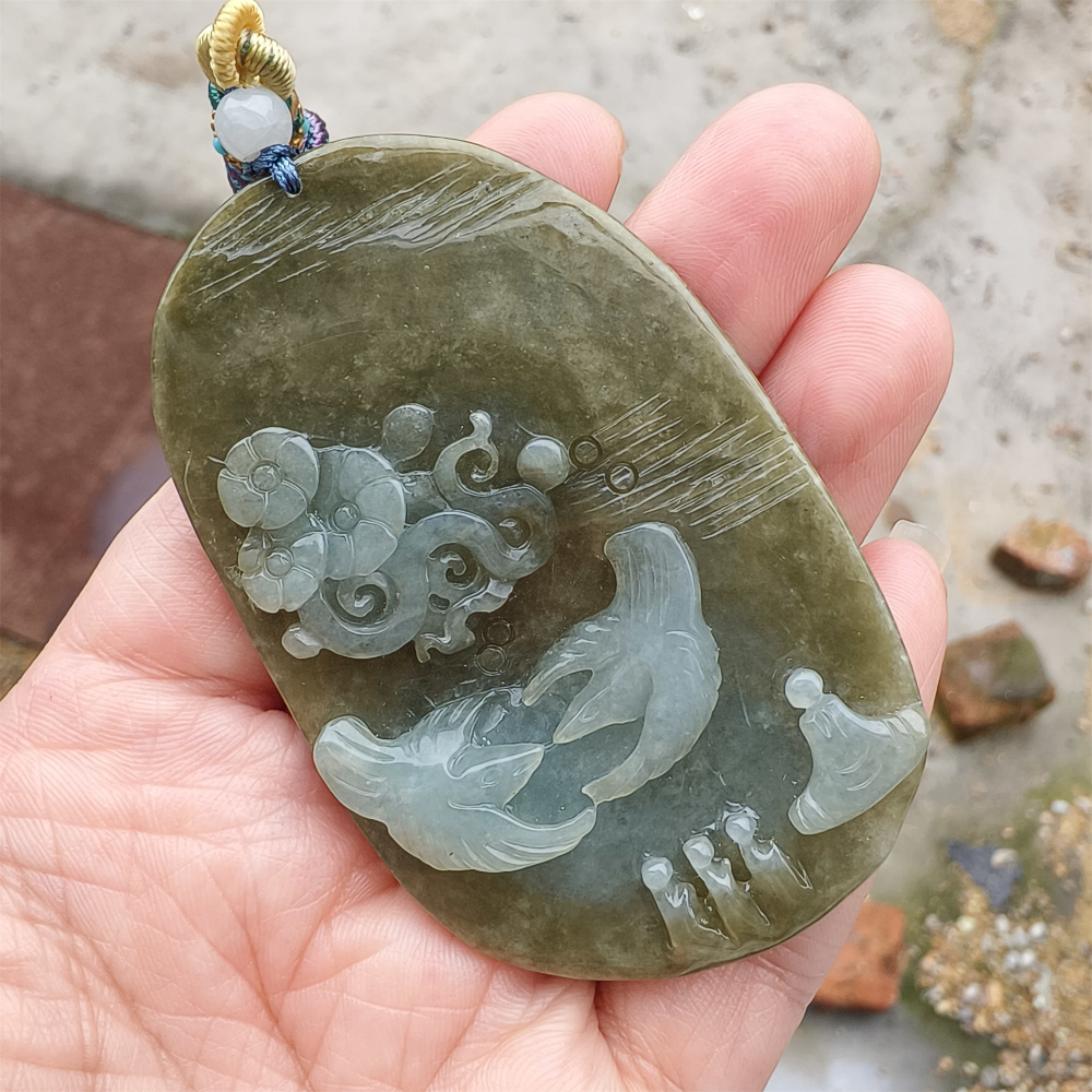 Unique Certificated Natural Type A Untreated 73X45mm Green White Jadeite Oval Pendant With Bird Auspicious Clouds 悟道 Carved,DIY Jewelry Supplies