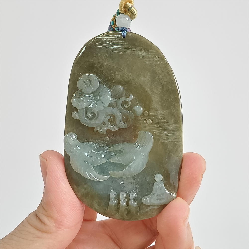 Unique Certificated Natural Type A Untreated 73X45mm Green White Jadeite Oval Pendant With Bird Auspicious Clouds 悟道 Carved,DIY Jewelry Supplies