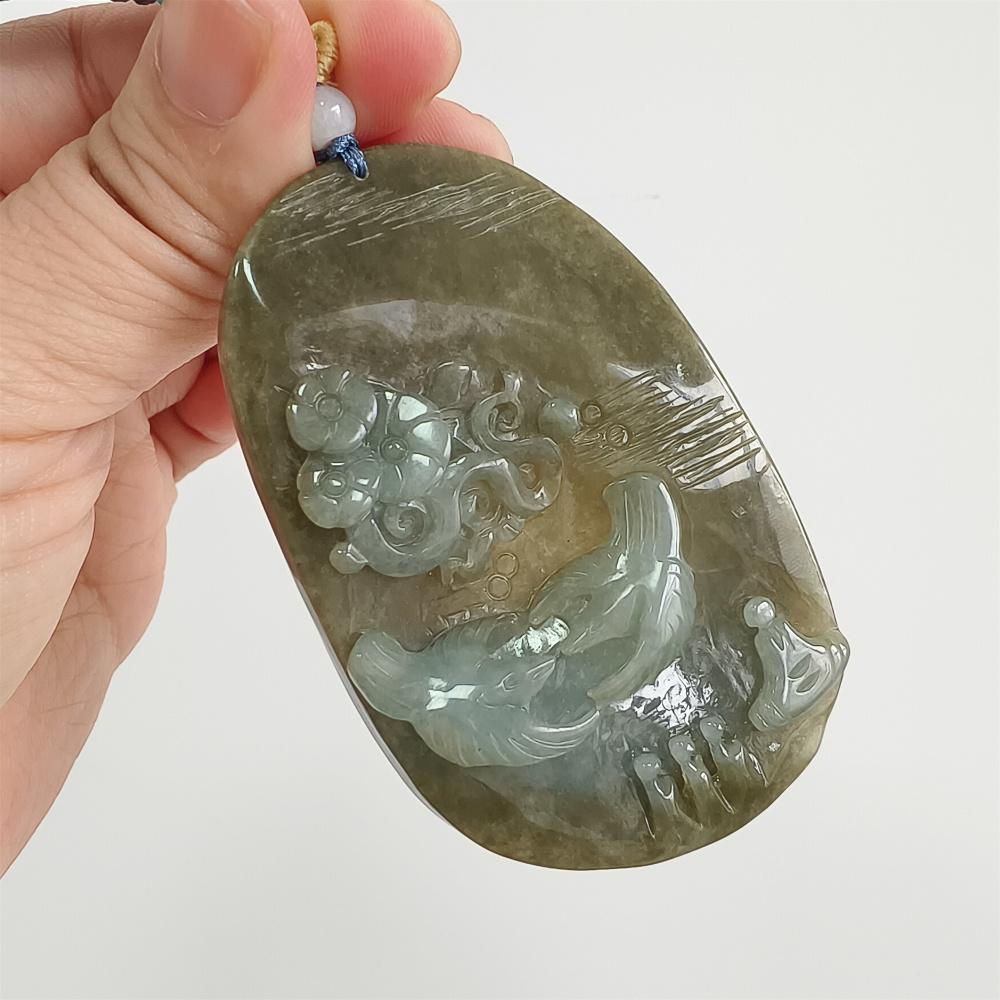 Unique Certificated Natural Type A Untreated 73X45mm Green White Jadeite Oval Pendant With Bird Auspicious Clouds 悟道 Carved,DIY Jewelry Supplies