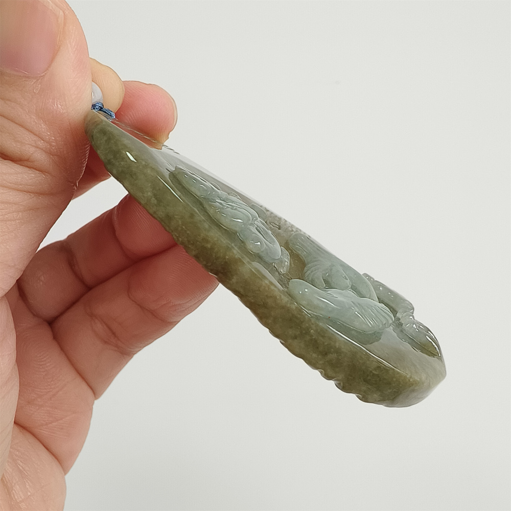 Unique Certificated Natural Type A Untreated 73X45mm Green White Jadeite Oval Pendant With Bird Auspicious Clouds 悟道 Carved,DIY Jewelry Supplies