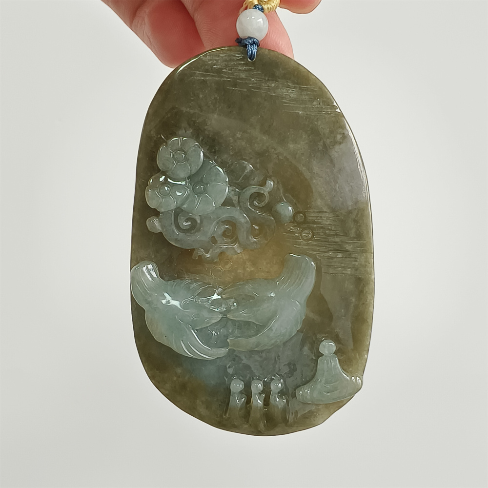 Unique Certificated Natural Type A Untreated 73X45mm Green White Jadeite Oval Pendant With Bird Auspicious Clouds 悟道 Carved,DIY Jewelry Supplies