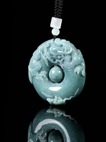 Natural Type A Untreated Blue Watery Guatemalan Jadeite Round Pendant With Dragon And Mouse Carved,Amulet Pendant,DIY Jewelry Supplies
