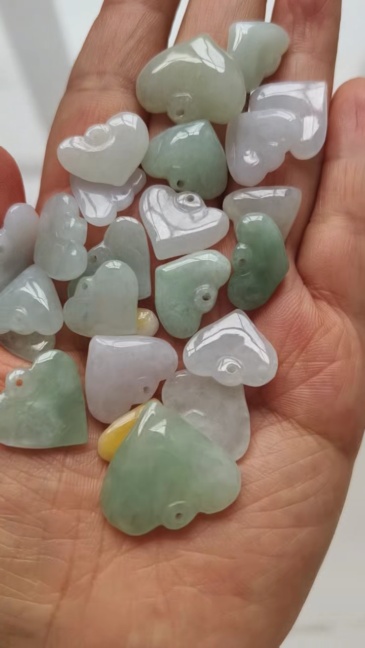 6pcs Natural Type A Green White With Yellow Icy Waxy Burmese Jadeite Heart Shaped Pendant,Burma Jadeite Loose Pendant,DIY Jewelry Supplies