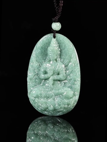 Natural Type A Untreated Bean Green Watery Burmese Jadeite Hand Carved Guanyin Pendant With Lotus Carved,Amulet Pendant,DIY Jewelry Supplies