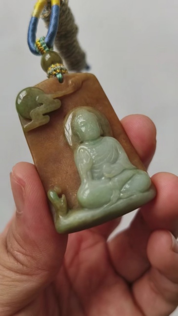 Unique Certificated Natural Type A Untreated Green Yellow Waxy Burmese Jadeite Rectangle Pendant With Buddha Carved,悟道,DIY Jewelry Supplies