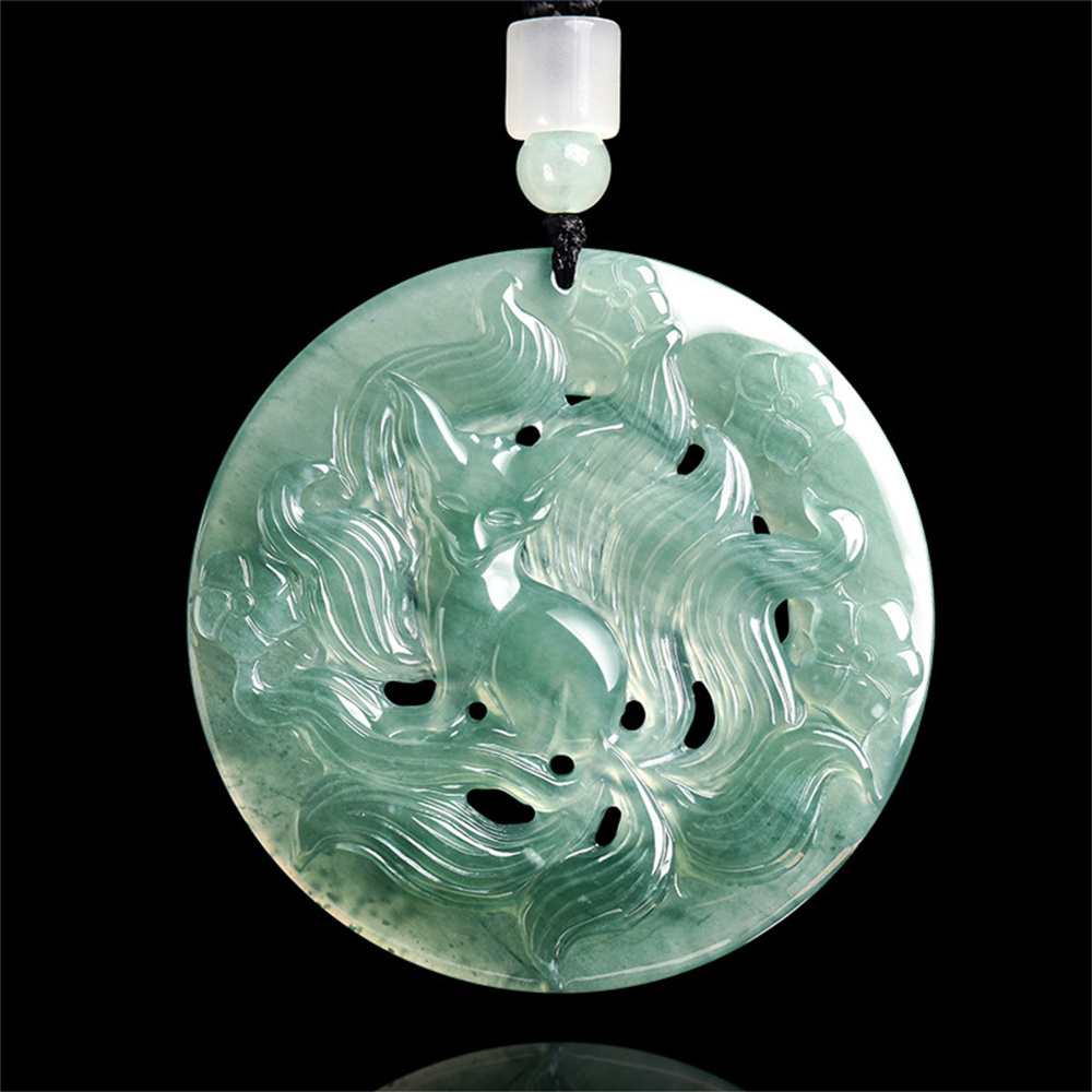 Natural Type A Untreated Blue Watery Guatemalan Jadeite Filigree Round Pendant With Nine Tailed Fox Carved,Amulet Pendant,DIY Jewelry Supplies