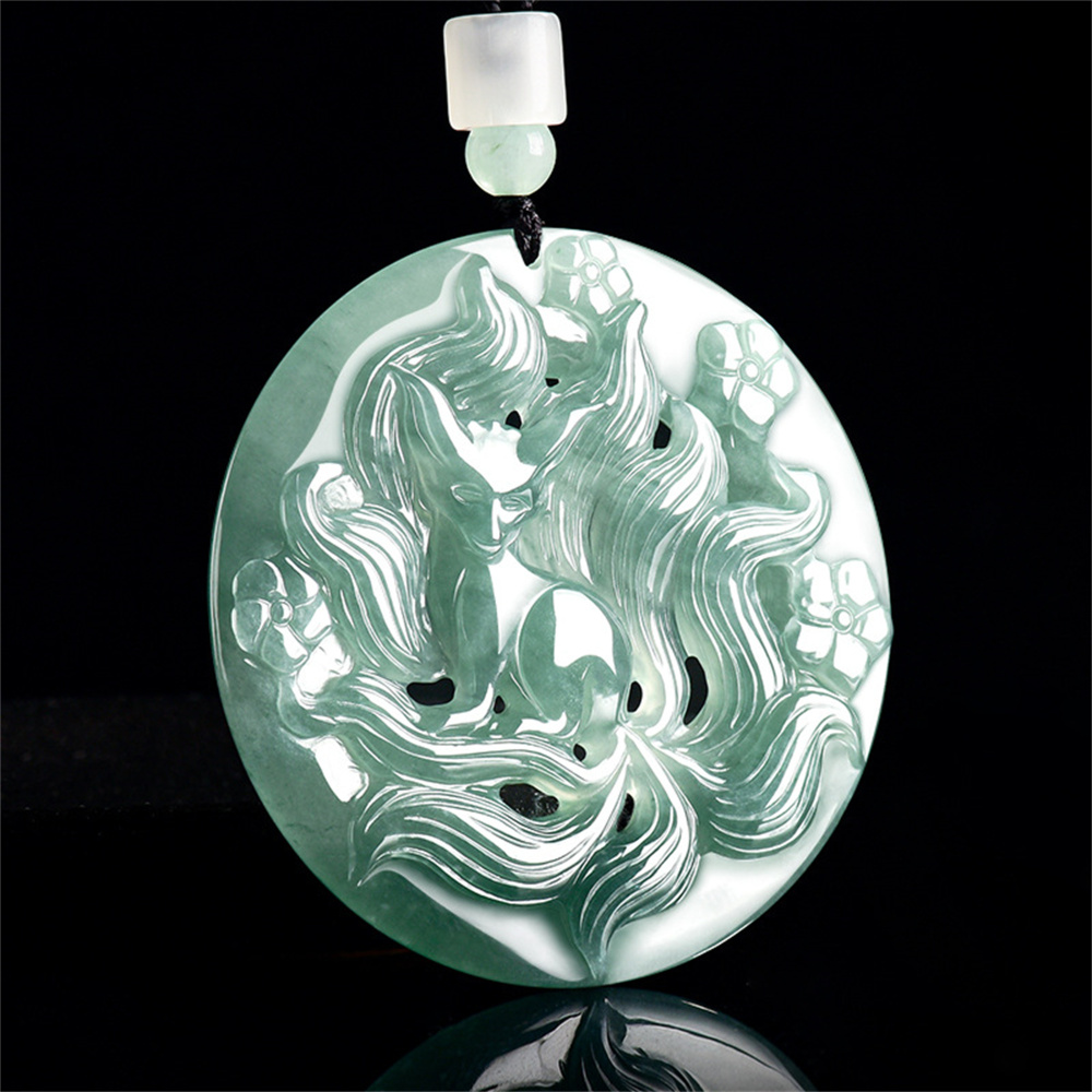 Natural Type A Untreated Blue Watery Guatemalan Jadeite Filigree Round Pendant With Nine Tailed Fox Carved,Amulet Pendant,DIY Jewelry Supplies
