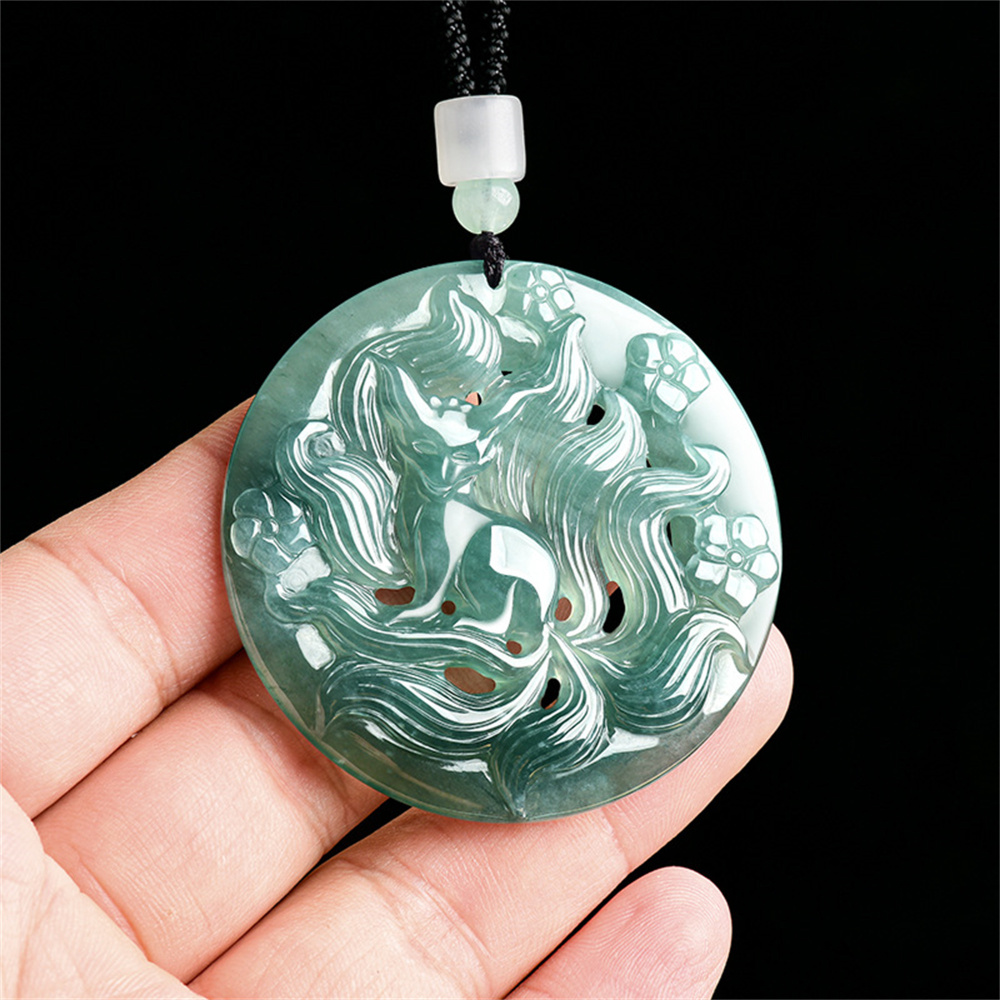 Natural Type A Untreated Blue Watery Guatemalan Jadeite Filigree Round Pendant With Nine Tailed Fox Carved,Amulet Pendant,DIY Jewelry Supplies