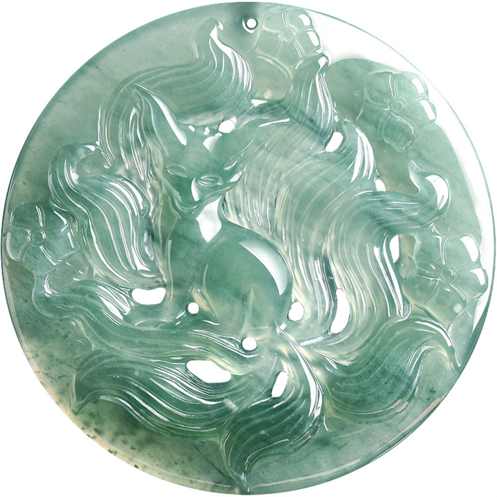 Natural Type A Untreated Blue Watery Guatemalan Jadeite Filigree Round Pendant With Nine Tailed Fox Carved,Amulet Pendant,DIY Jewelry Supplies