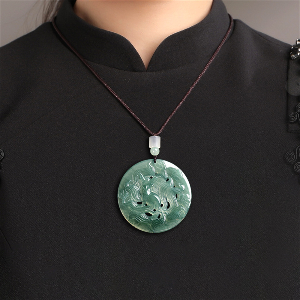 Natural Type A Untreated Blue Watery Guatemalan Jadeite Filigree Round Pendant With Nine Tailed Fox Carved,Amulet Pendant,DIY Jewelry Supplies