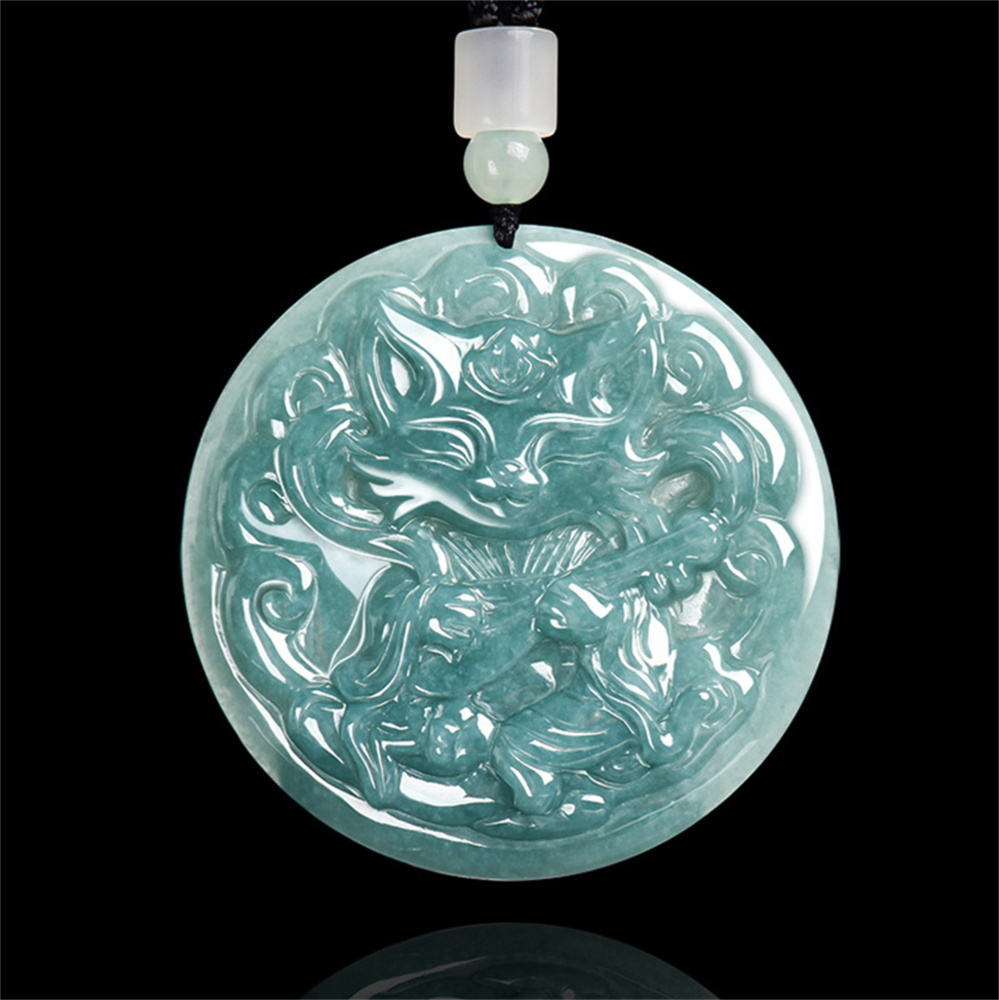 Natural Type A Untreated Blue Watery Guatemalan Jadeite Round Pendant With Nine Tailed Fox Carved,Amulet Pendant,DIY Jewelry Supplies