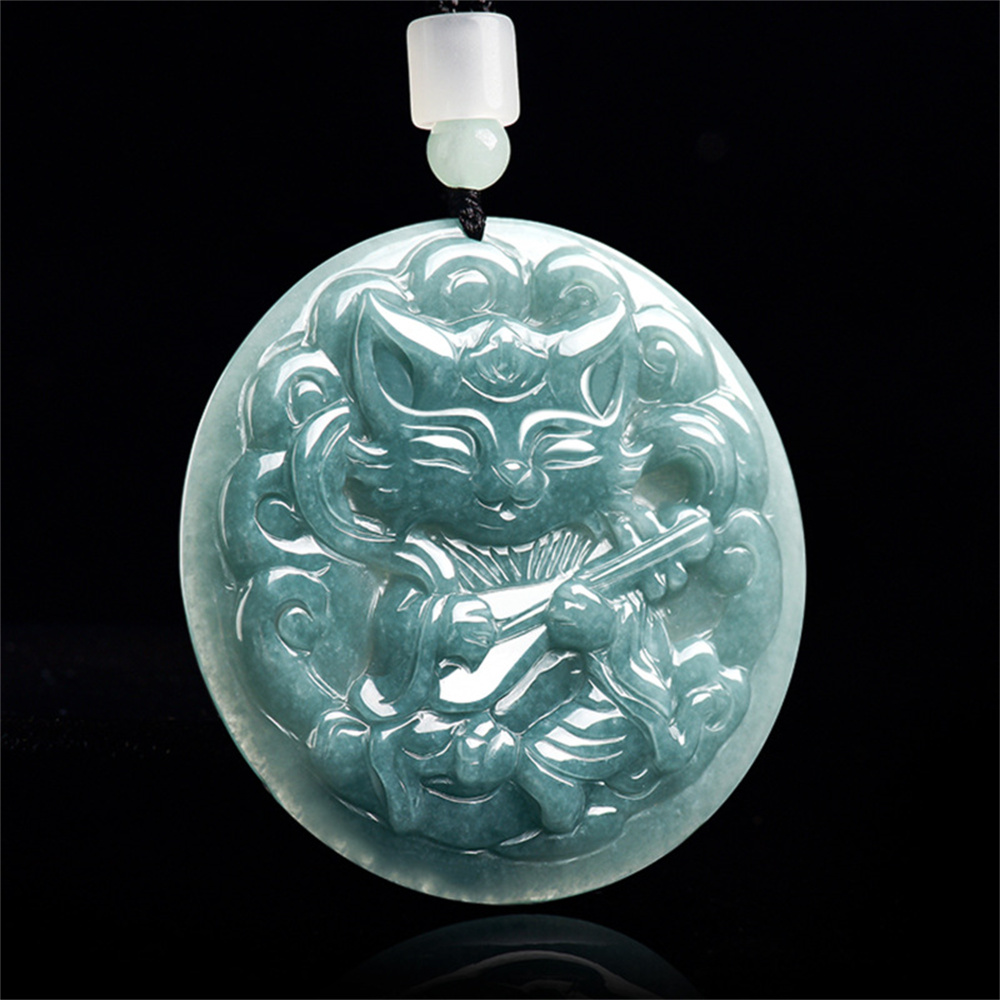 Natural Type A Untreated Blue Watery Guatemalan Jadeite Round Pendant With Nine Tailed Fox Carved,Amulet Pendant,DIY Jewelry Supplies