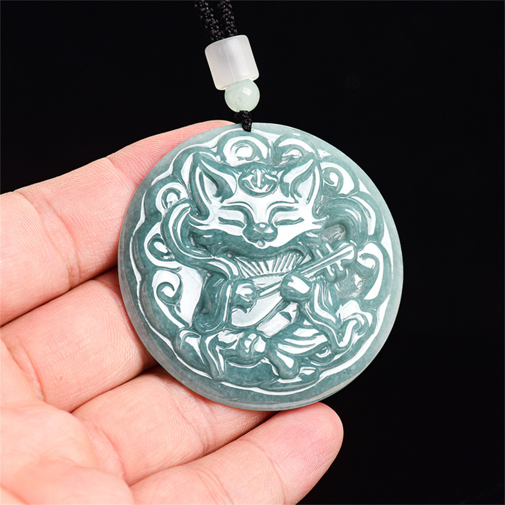 Natural Type A Untreated Blue Watery Guatemalan Jadeite Round Pendant With Nine Tailed Fox Carved,Amulet Pendant,DIY Jewelry Supplies