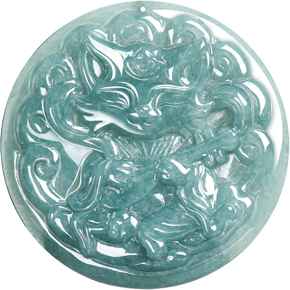 Natural Type A Untreated Blue Watery Guatemalan Jadeite Round Pendant With Nine Tailed Fox Carved,Amulet Pendant,DIY Jewelry Supplies