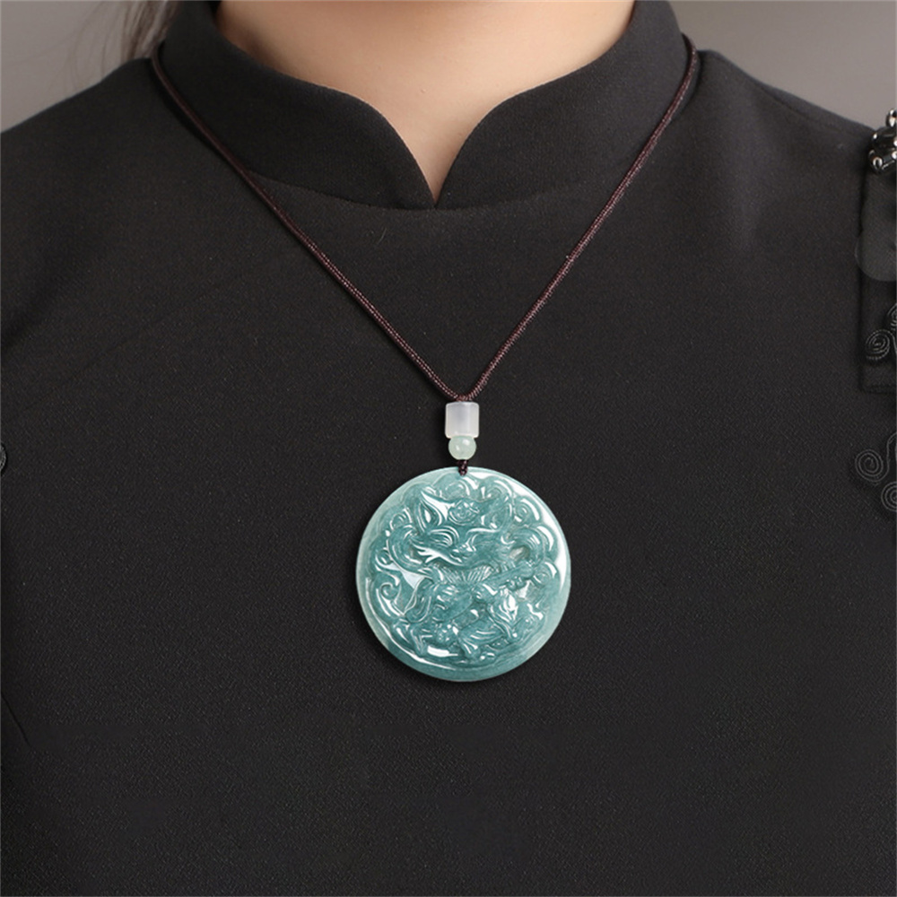 Natural Type A Untreated Blue Watery Guatemalan Jadeite Round Pendant With Nine Tailed Fox Carved,Amulet Pendant,DIY Jewelry Supplies