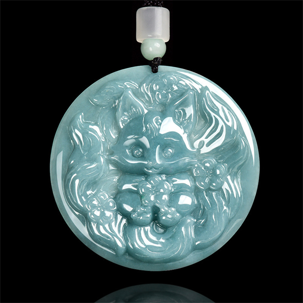 Natural Type A Untreated Blue Watery Guatemalan Jadeite Round Pendant With Baby Nine Tailed Fox Carved,Amulet Pendant,DIY Jewelry Supplies