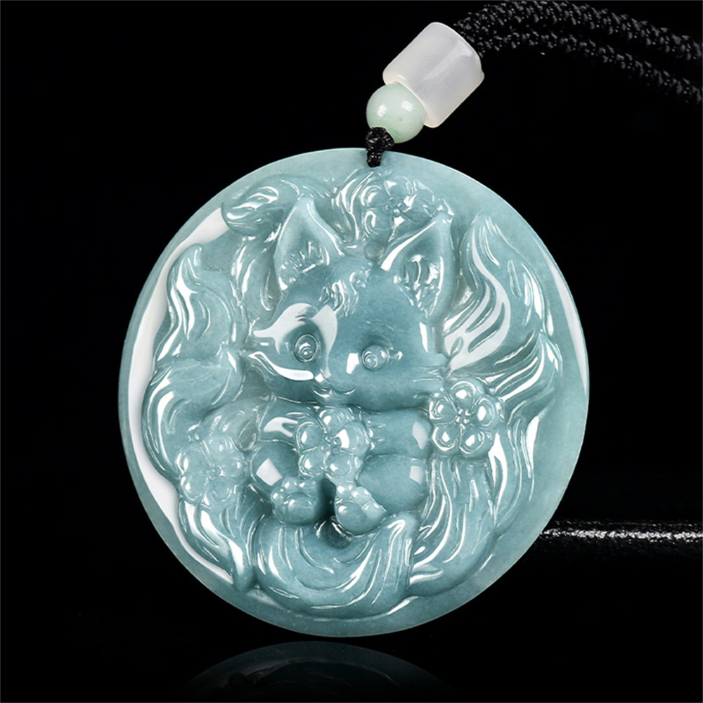 Natural Type A Untreated Blue Watery Guatemalan Jadeite Round Pendant With Baby Nine Tailed Fox Carved,Amulet Pendant,DIY Jewelry Supplies