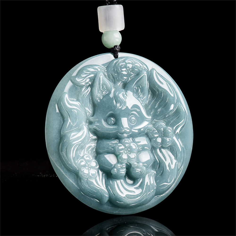 Natural Type A Untreated Blue Watery Guatemalan Jadeite Round Pendant With Baby Nine Tailed Fox Carved,Amulet Pendant,DIY Jewelry Supplies