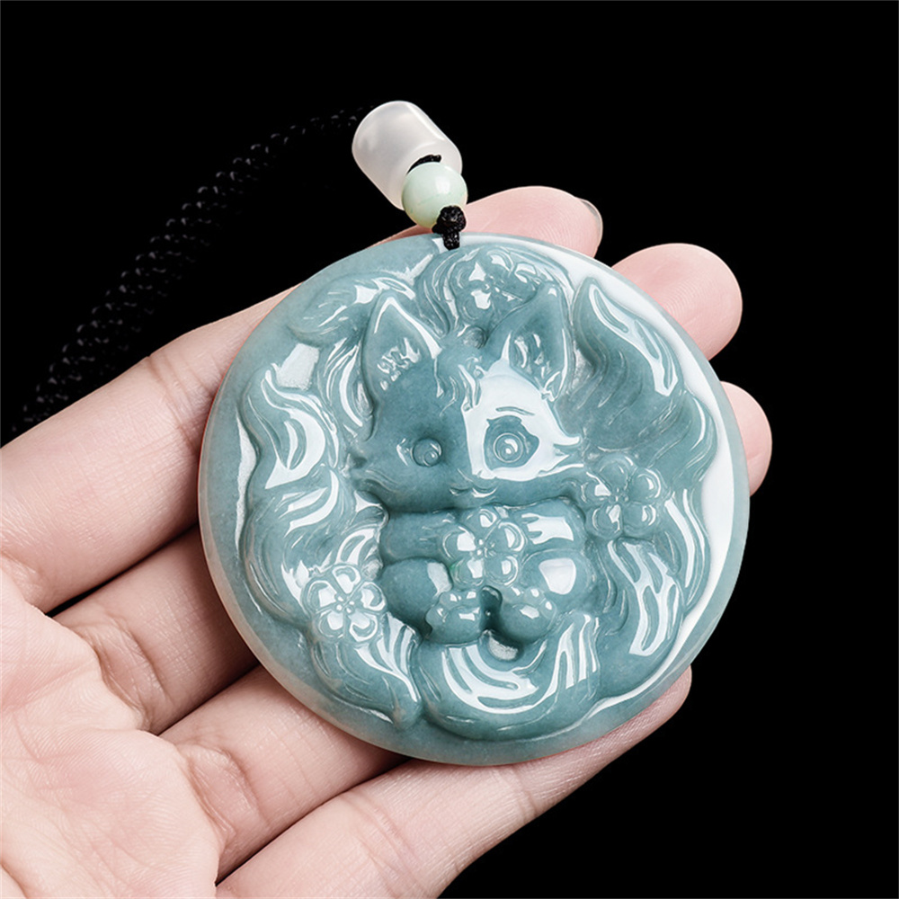 Natural Type A Untreated Blue Watery Guatemalan Jadeite Round Pendant With Baby Nine Tailed Fox Carved,Amulet Pendant,DIY Jewelry Supplies