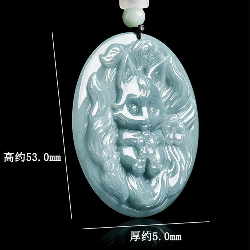 Natural Type A Untreated Blue Watery Guatemalan Jadeite Round Pendant With Baby Nine Tailed Fox Carved,Amulet Pendant,DIY Jewelry Supplies