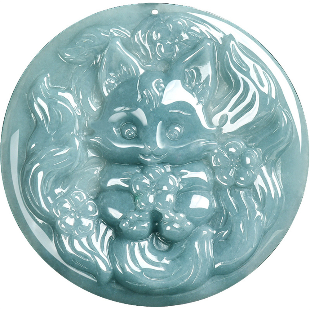 Natural Type A Untreated Blue Watery Guatemalan Jadeite Round Pendant With Baby Nine Tailed Fox Carved,Amulet Pendant,DIY Jewelry Supplies