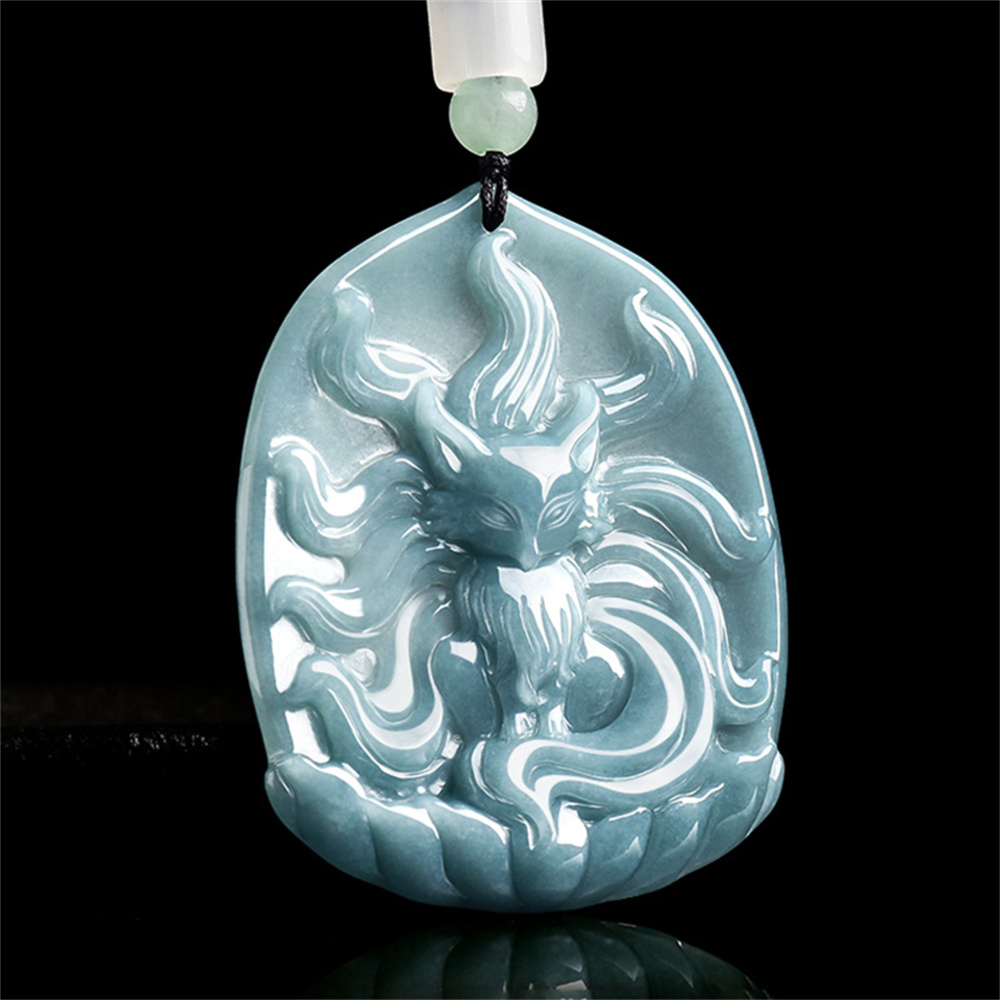 Natural Type A Untreated Blue Watery Guatemalan Jadeite Irregular Pendant With Nine Tailed Fox Carved,Amulet Pendant,DIY Jewelry Supplies
