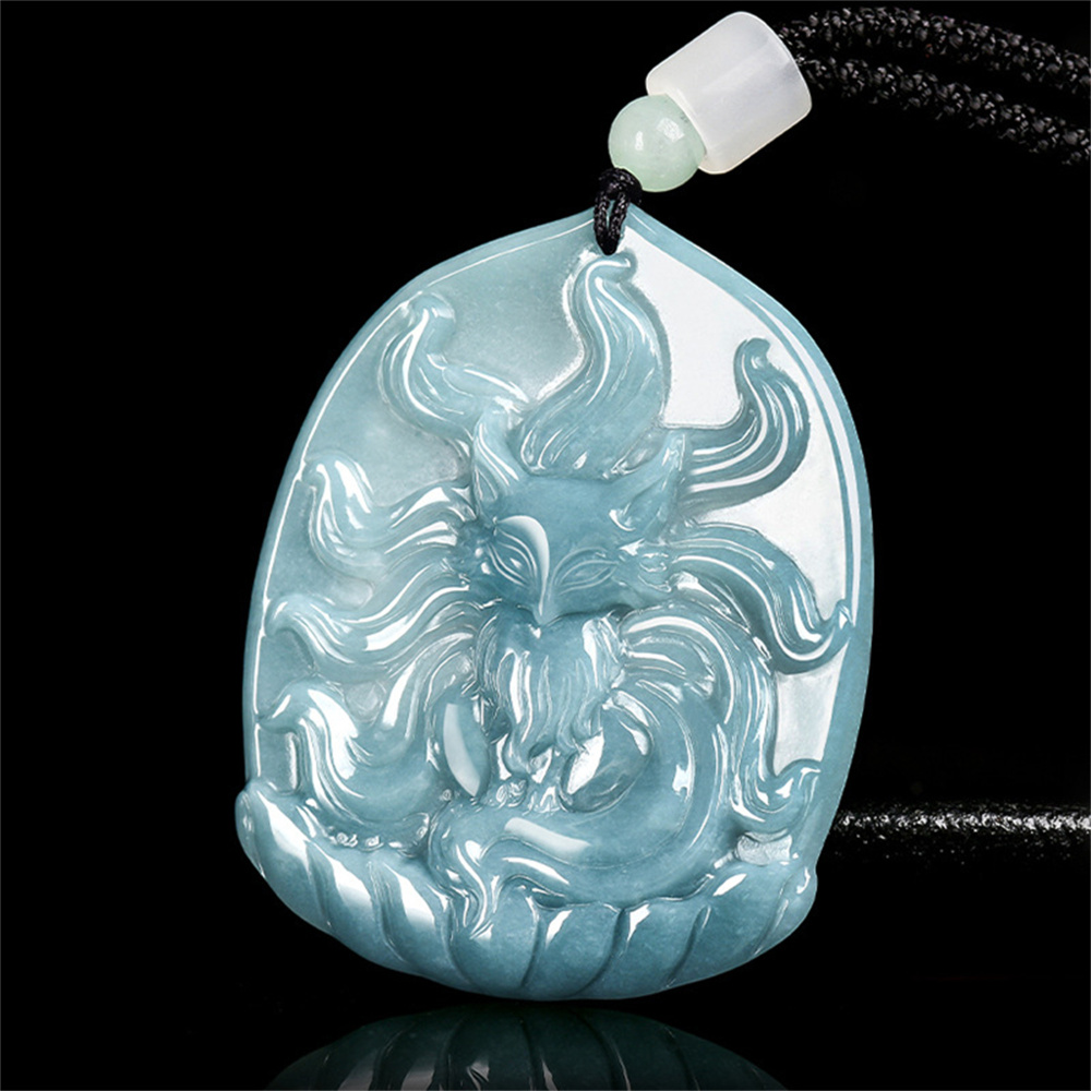 Natural Type A Untreated Blue Watery Guatemalan Jadeite Irregular Pendant With Nine Tailed Fox Carved,Amulet Pendant,DIY Jewelry Supplies