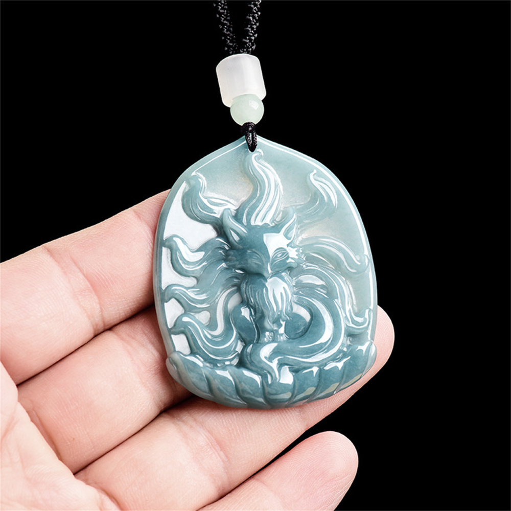 Natural Type A Untreated Blue Watery Guatemalan Jadeite Irregular Pendant With Nine Tailed Fox Carved,Amulet Pendant,DIY Jewelry Supplies